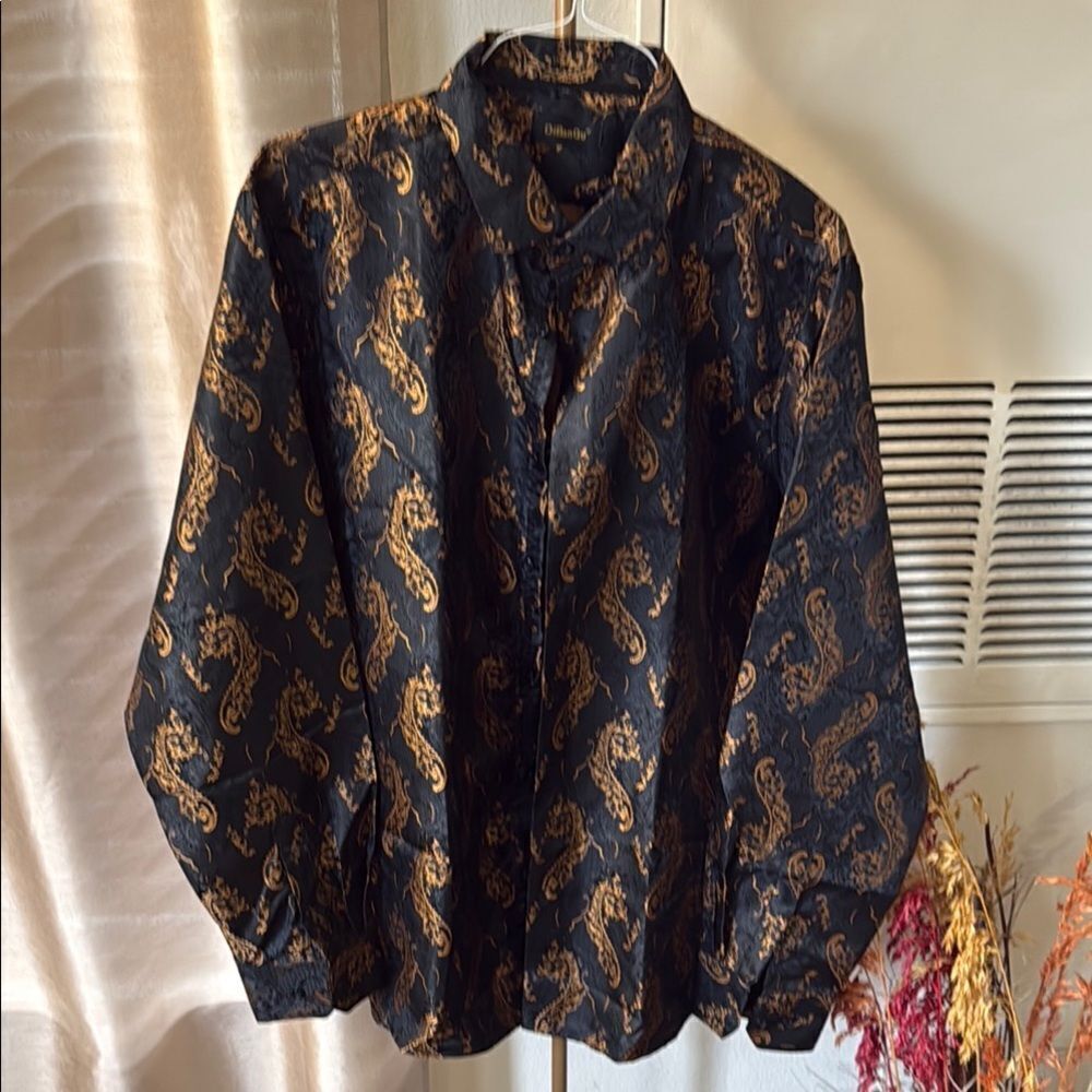 DiBanGu Dress Shirt Size XL Black & Gold Paisley Silky Textured Print Brand New